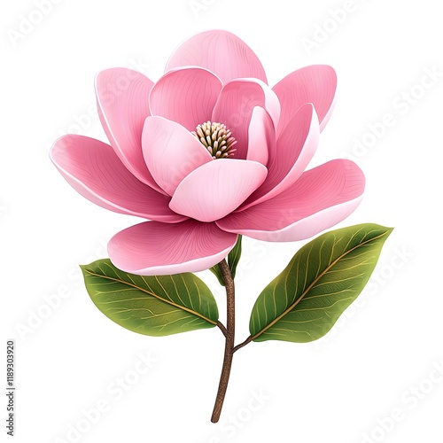 magnolia bloom large flower isolated on white background with delicate petals and green leaves