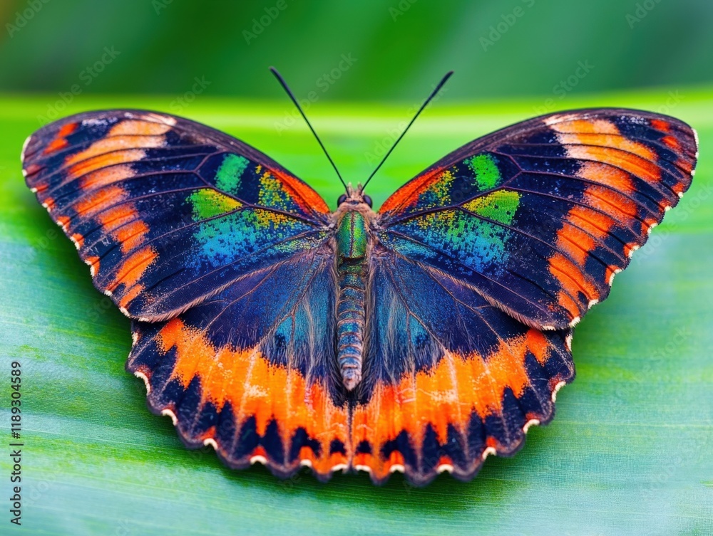 a vibrant butterfly with orange and blue wings rests on a leaf