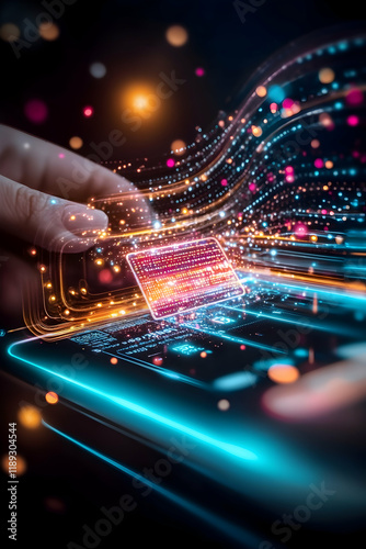Hand tapping credit card on glowing phone, digital data streams in background; online banking illustration