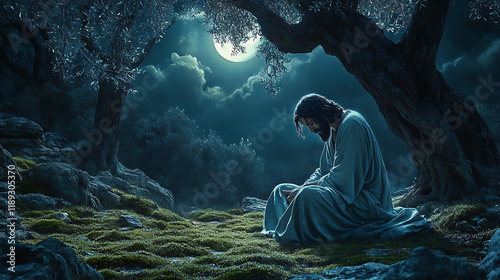 A solemn Jesus kneeling on moss-covered ground in the moonlit Gethsemane garden, ancient olive trees arching above, their twisted branches framing the scene, gentle light playing on his face,