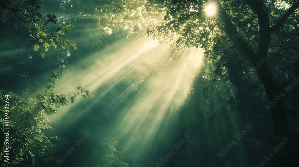 Sunlight Rays Streaming Through Green Forest Trees in Peaceful Nature Scene Sunlight Rays Streaming Through Green Forest Trees in Peaceful Nature Scene