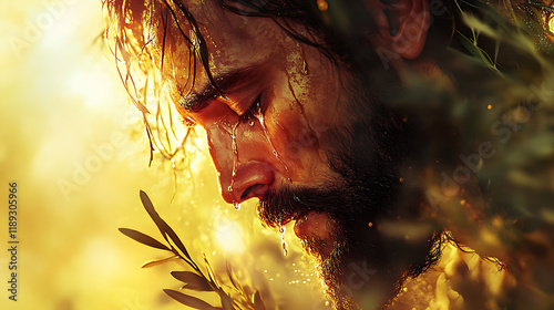 A sorrowful close-up of Jesus' face, illuminated by soft heavenly light, tears glistening on his cheeks, blurred olive branches creating depth, intricate facial details,