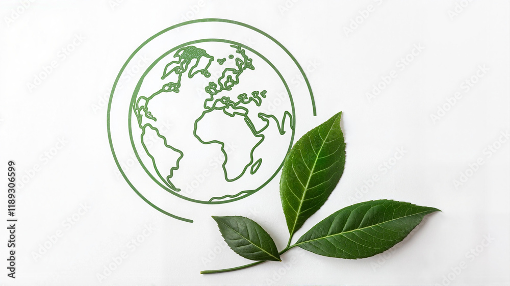 Green globe with leaf design in circular frame Green globe with leaf design in circular frame
