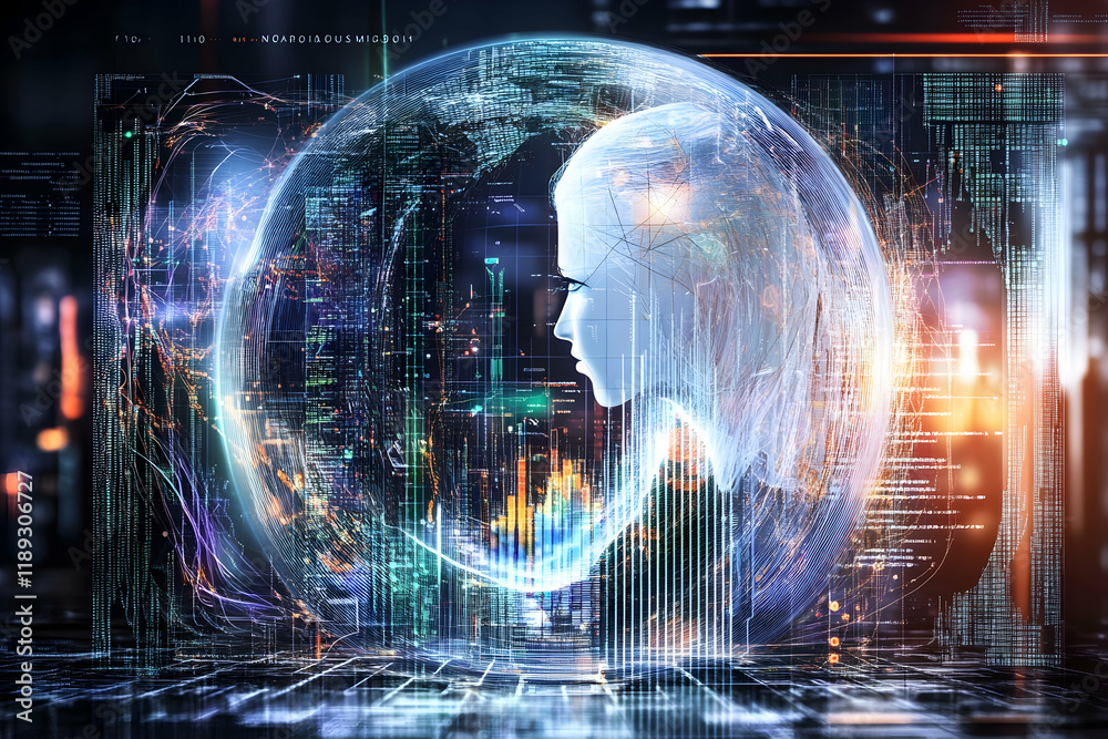 Obraz premium AI, Global Network, Futuristic Cityscape, Digital Transformation, Technology Concept