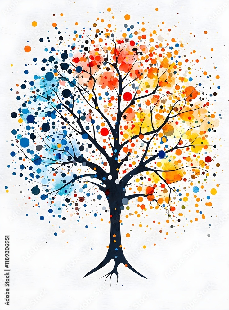 Fototapeta premium Vibrant Abstract Tree Illustration with Colorful Dots and Splashes in Vivid Blue, Orange, Yellow, and Red on White Background for Artistic and Nature-themed Projects