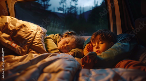 Two children sleeping peacefully in a cozy van, surrounded by warm blankets, evoking a sense of adventure and comfort in nature
