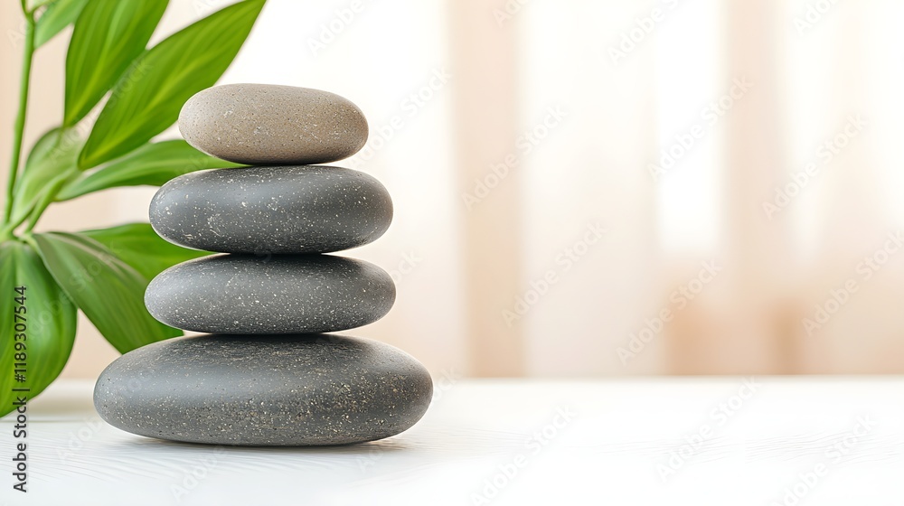 Tranquil Stacked Stones on a Table with Lush Green Leaves in a Softly Lit Room for Meditation and Relaxation Environments Tranquil Stacked Stones on a Table with Lush Green Leaves in a Softly Lit Room for Meditation and Relaxation Environments