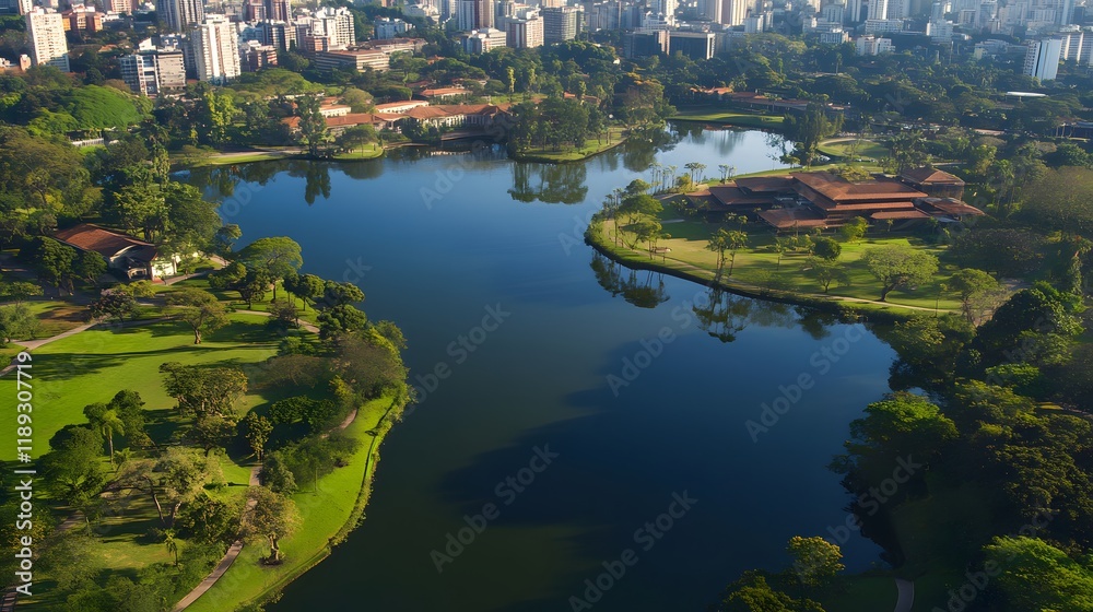 Aerial View of a City Park with Lake and Buildings Aerial View of a City Park with Lake and Buildings