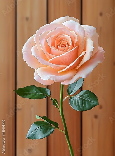 Delicate Peach Rose Flower on Green Stem against a Wooden Background Evoking Beauty, Elegance, and Nature's Splendor in a Serene Setting