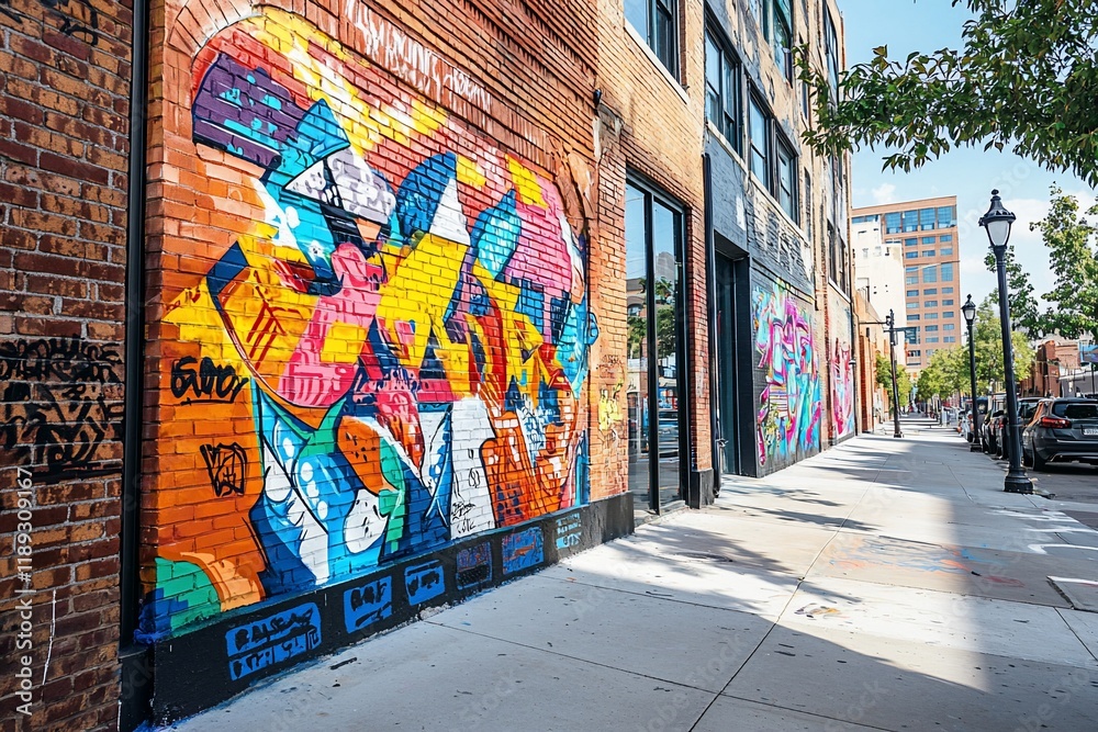 Fototapeta premium Vibrant street art mural on brick wall along city sidewalk.
