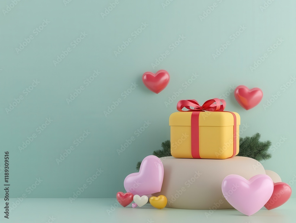 A colorful gift box surrounded by heart shapes for celebrations. A colorful gift box surrounded by heart shapes for celebrations.