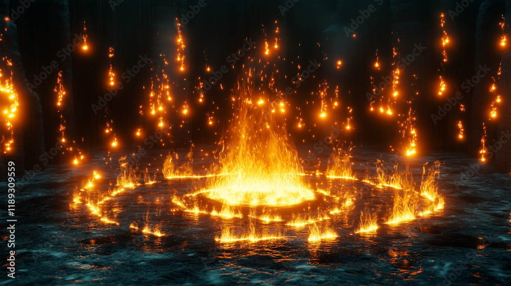 A circle of fire with many small flames surrounding it A circle of fire with many small flames surrounding it