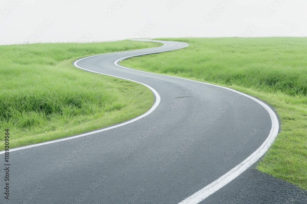 Empty winding road curves through green grassy field. Smooth asphalt pathway leads into horizon. Serene landscape in daylight. Rural scenery evokes sense of travel, exploration. Tranquil, peaceful