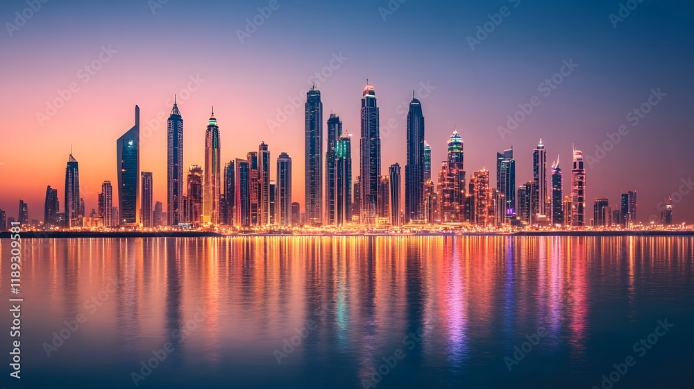 Fototapeta premium Dubai skyline sunset reflection cityscape travel