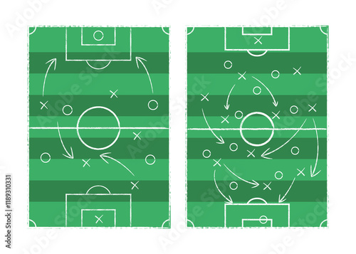 Soccer game tactical scheme with football players and strategy arrows on chalk black board photo