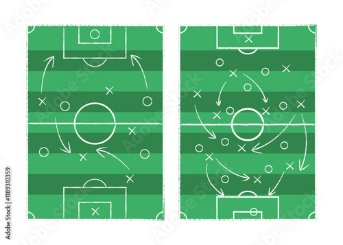 Soccer game tactical scheme with football players and strategy arrows on chalk black board