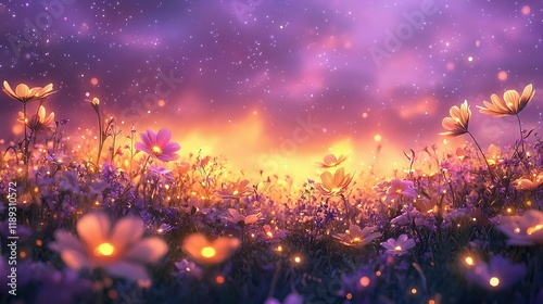 Magical Wildflower Field Under a Purple Sky at Night photo