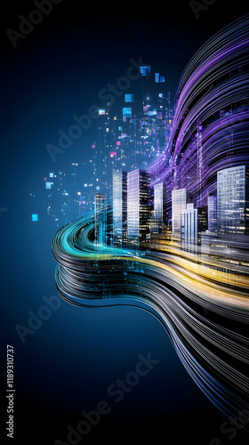 Futuristic city data flow, digital transformation, technology innovation, abstract background, website banner