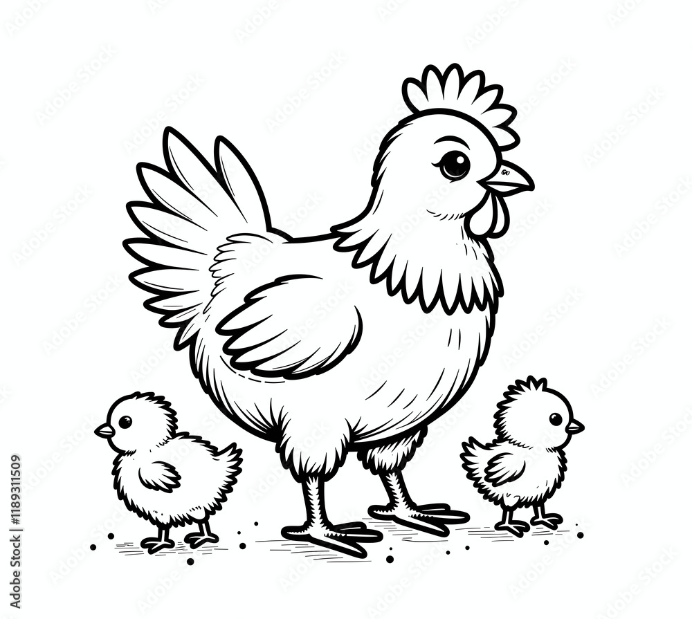 Fototapeta premium Hen with two chicks on a plain background