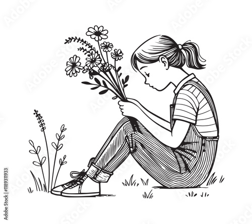 Girl sitting and picked flowers a one line art drawing style black linear sketch isolated on transparency