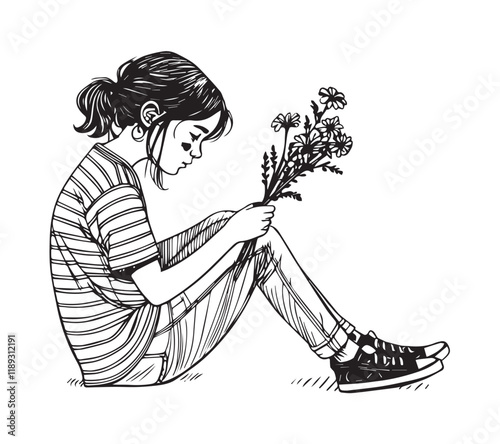 Girl sitting and picked flowers a one line art drawing style black linear sketch isolated on transparency