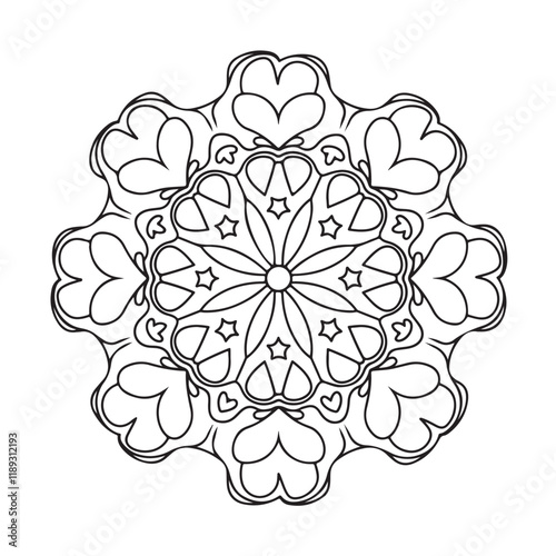 Mandala coloring page, bold line art, mandala black and white, mandala line art, love themed mandala line art, mandala coloring page for adults