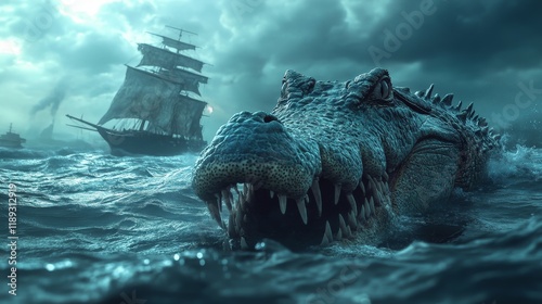 Leviathan's Shadow: A Cinematic Sea Tale - A colossal crocodile menaces a sailing ship in a stormy sea, symbolizing danger, mystery, power, the unknown, and survival. photo