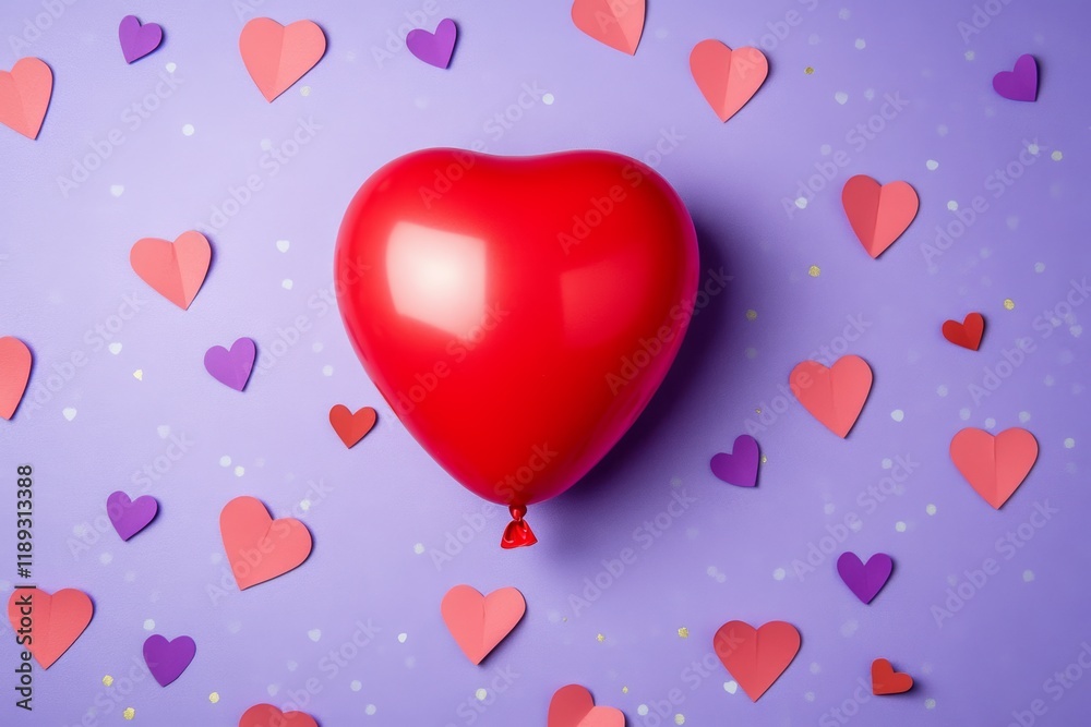 A heart-shaped balloon and small red paper hearts on a purple background A heart-shaped balloon and small red paper hearts on a purple background