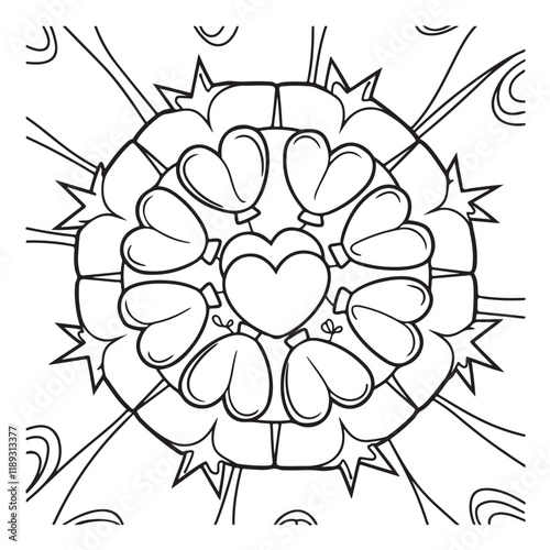 Mandala coloring page, bold line art, mandala black and white, mandala line art, love themed mandala line art, mandala coloring page for adults