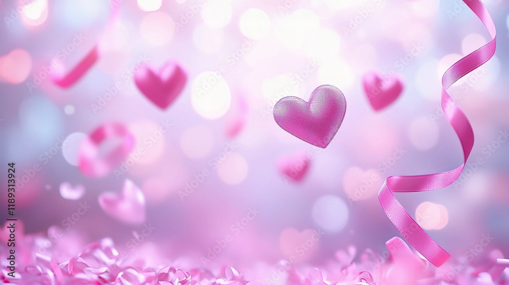 Romantic Scene with Floating Pink Hearts and Ribbons in Background Romantic Scene with Floating Pink Hearts and Ribbons in Background