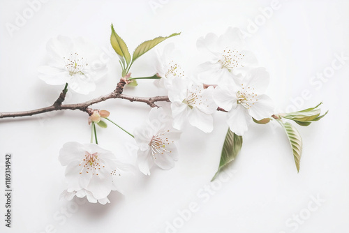 Delicate white cherry blossoms on branch with green leaves