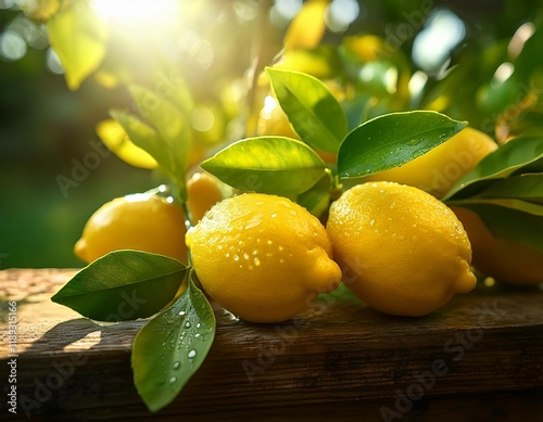 fresh lemons with green leaves in natural light