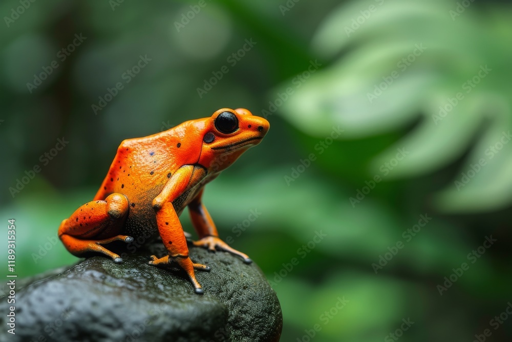 Closeup of a bright orange poison dart frog resting on a rock in a lush rainforest environment surrounded by vibrant greenery during daylight Closeup of a bright orange poison dart frog resting on a rock in a lush rainforest environment surrounded by vibrant greenery during daylight