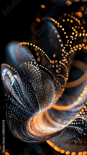 Abstract light patterns with flowing curves and luminous dots on a dark background.