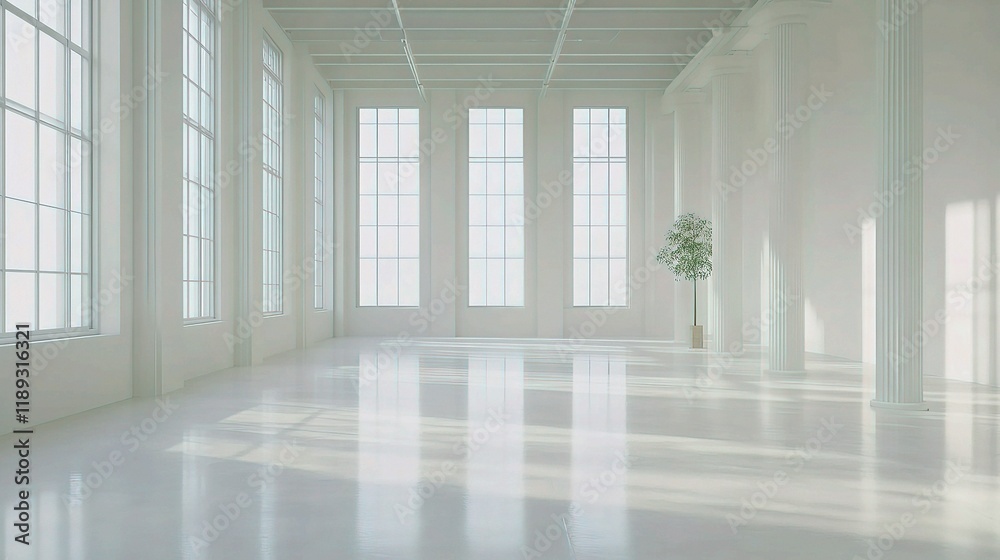 Obraz premium Minimalist Light: A single plant stands tall in a pristine white room bathed in natural light. The reflection of the sun illuminates the gleaming floor, creating a minimalist and serene aesthetic. 