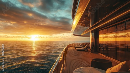 Sunset Luxury Yacht Cruise:  Experience the golden hour from the deck of a luxurious yacht, as the sun dips below the horizon, casting a warm glow across the tranquil ocean. 