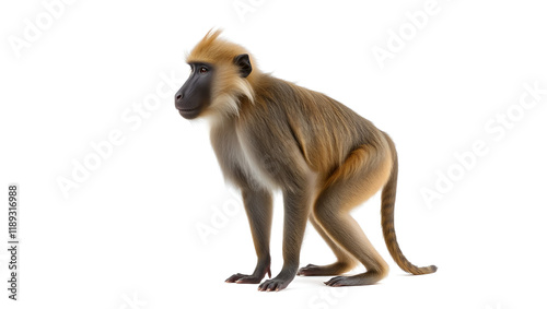 A baboon standing alert with its distinctive tail raised on a white background photo