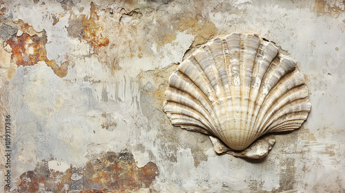 Weathered shell on rustic wall: organic patterns and textures photo