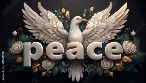 Peace Dove Surrounded by Floral Elements on Dark Background photo