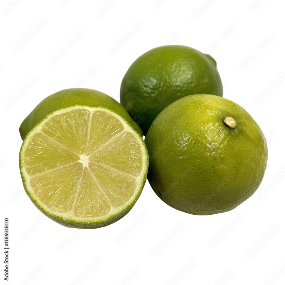 Fresh Juicy Limes Ready to Use A Closeup of Three Vibrant Green Limes One Cut in Half Revealing its Zesty Interior Fresh Juicy Limes Ready to Use A Closeup of Three Vibrant Green Limes One Cut in Half Revealing its Zesty Interior
