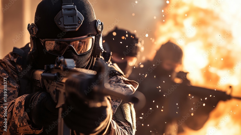 Armed Soldiers in Tactical Gear Engaged in Action with Explosion Armed Soldiers in Tactical Gear Engaged in Action with Explosion