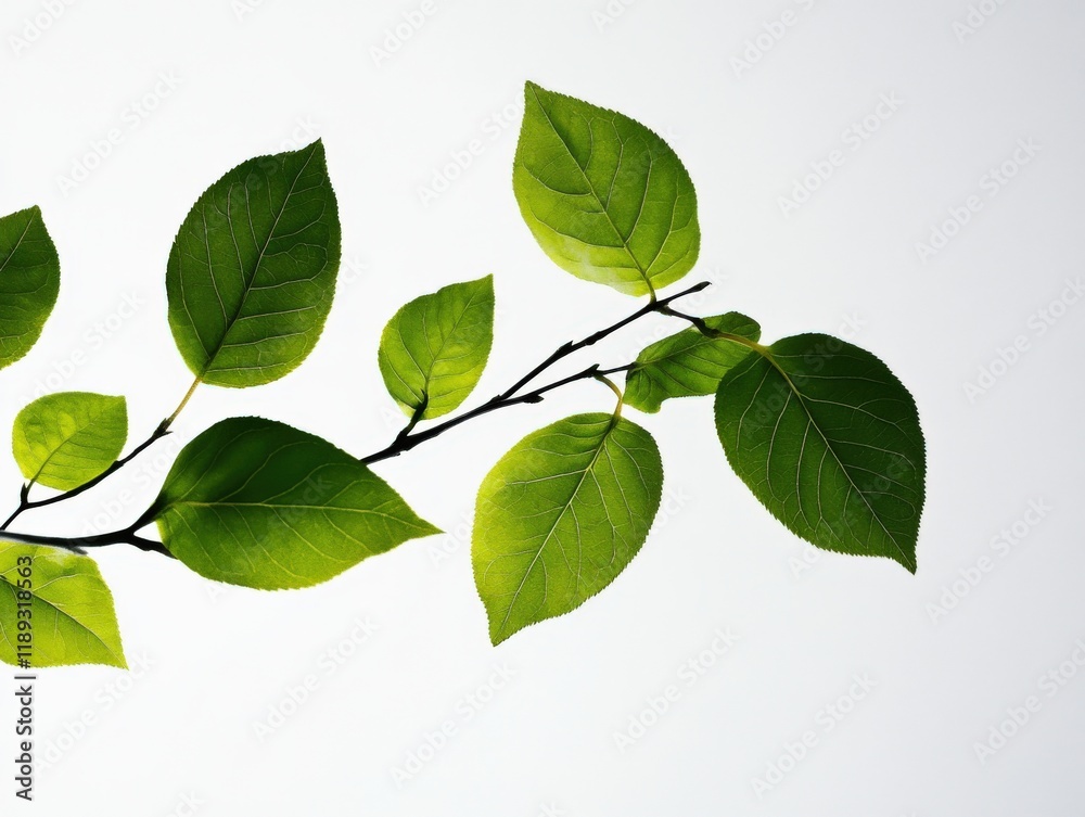 A branch with several green leaves against a white background A branch with several green leaves against a white background