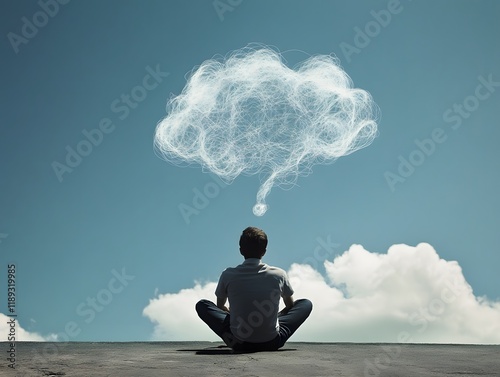 Contemplative Person Sitting Outdoors with Thought Cloud Representing Questions, Ideas, and Reflections Against a Clear Sky in a Dreamy Atmosphere