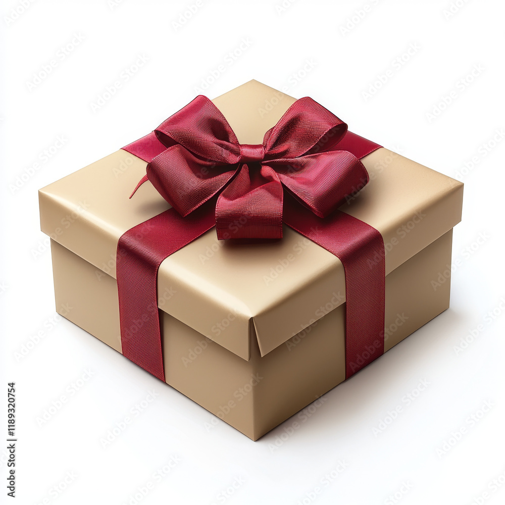 Fototapeta premium Beige gift box with a burgundy ribbon.