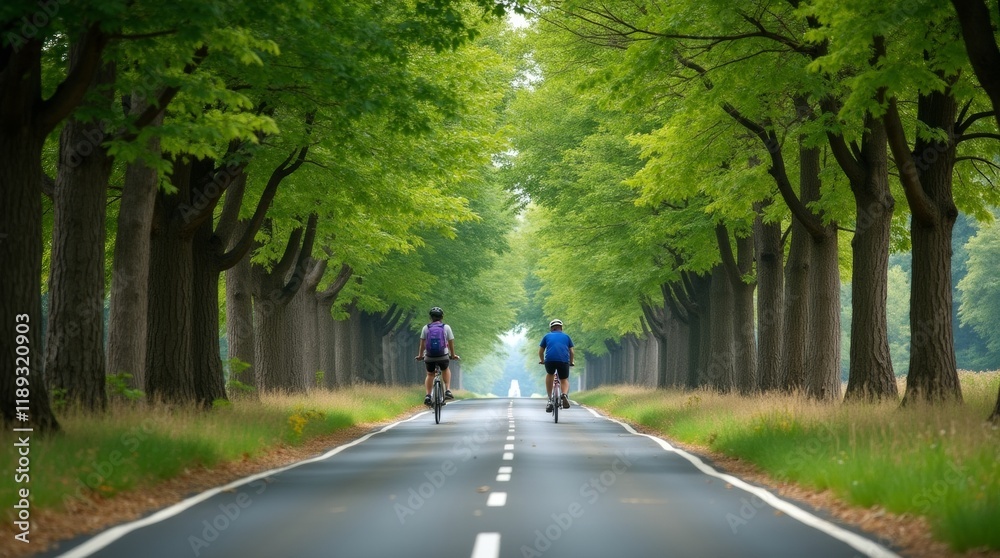 A bicycle lane along tree lined road promotes eco friendly transportation and encourages outdoor activities A bicycle lane along tree lined road promotes eco friendly transportation and encourages outdoor activities
