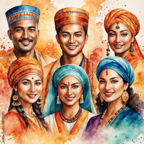 Women and Men in Indian Dress. Watercolor illustration.