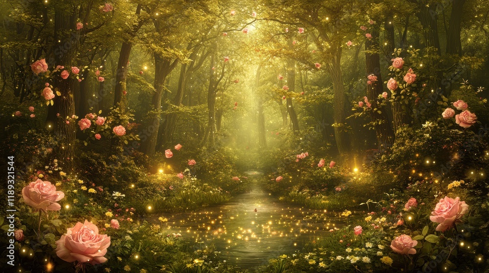Enchanted Forest Scene with Roses and Twinkling Lights Enchanted Forest Scene with Roses and Twinkling Lights