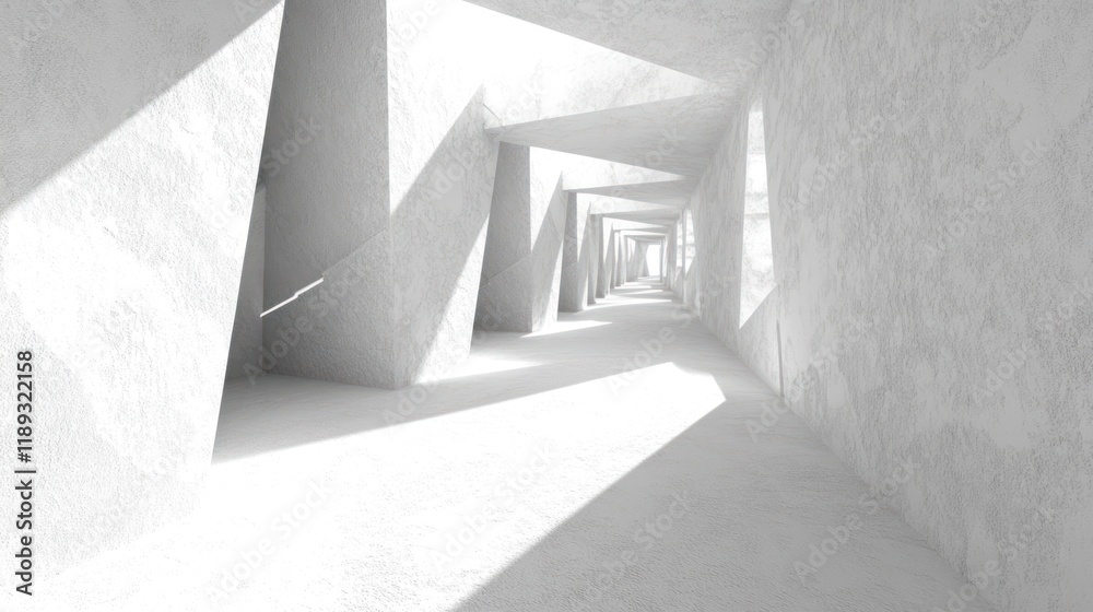 Abstract, modern, concrete, interior, architectural, design, geometric, spacious, light, bright, hallway, perspective, tunnel, minimalist, structure, empty, light and shadow, contemporary, clean, whit