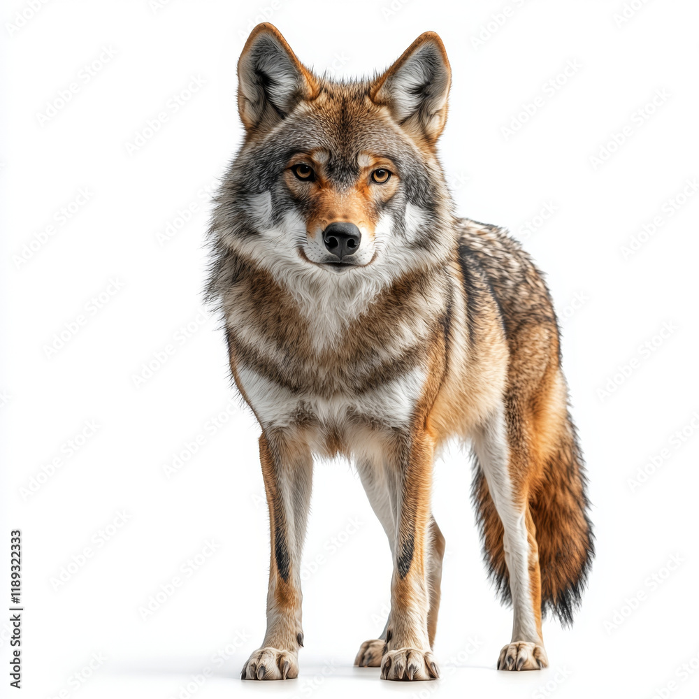Obraz premium Majestic red wolf standing, isolated on white.