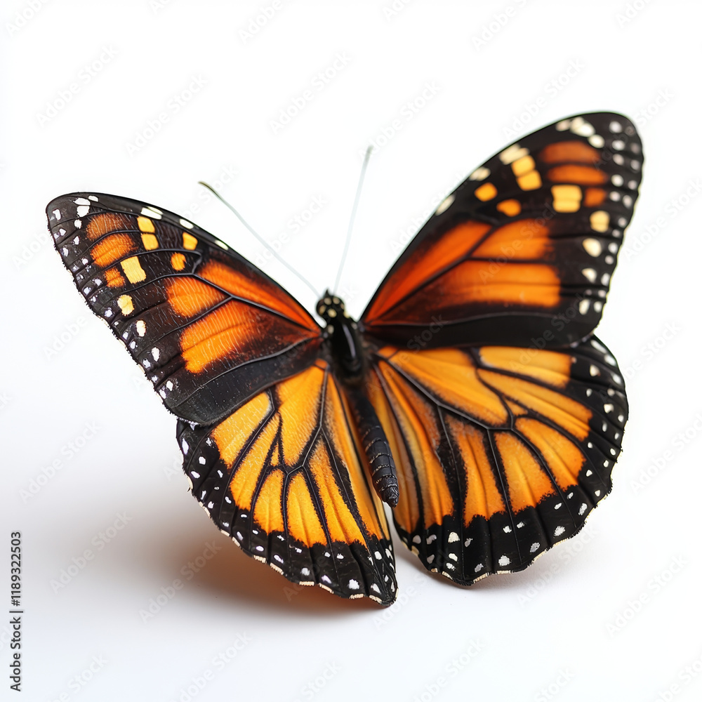 Fototapeta premium Monarch butterfly, vibrant orange wings, black veins, white dots.